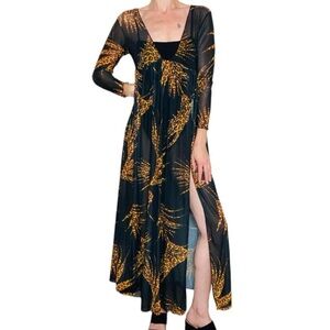 Black & Brown Animal Cheetah Print Sheer Swim Cover Maxi Dress